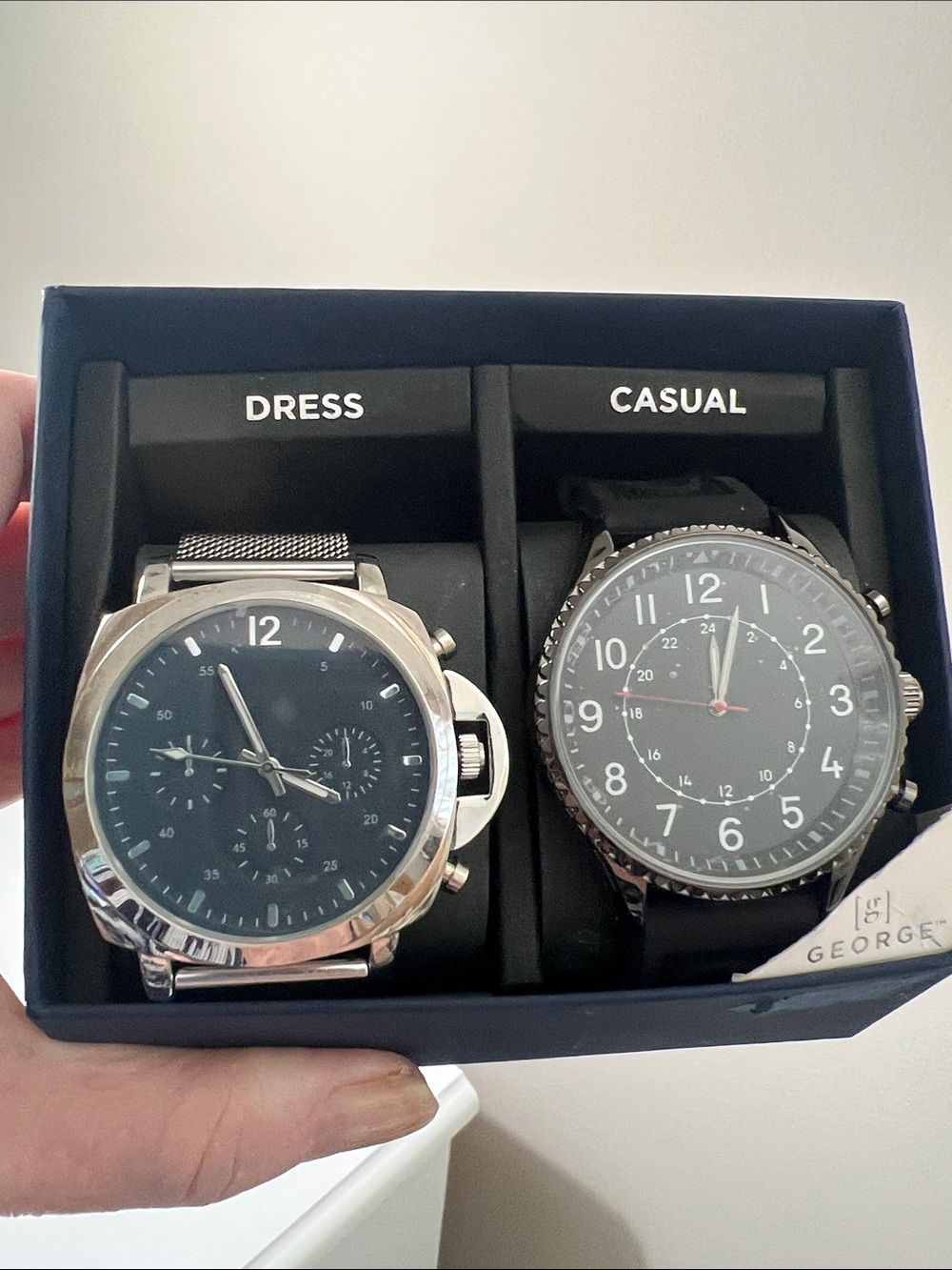 George  - Men's Two-Piece Watch Set - Black Faces, Silver & Black Cases NWT